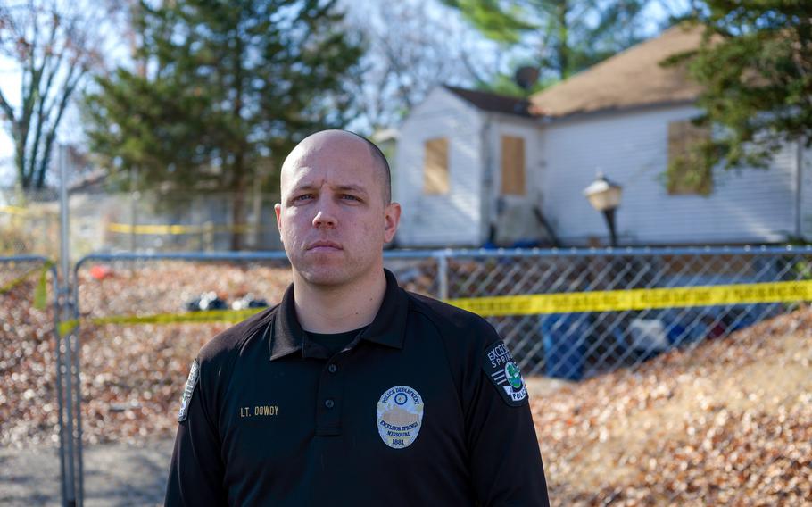 Police Lt. Ryan Dowdy poses for a portrait by the home of Timothy Haslett in Excelsior Springs, Mo., on Nov. 21, 2022. The Navy veteran was arrested and charged with rape, kidnapping and aggravated assault.