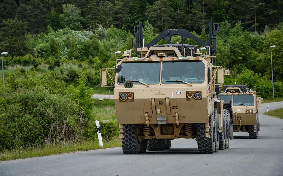 Soldiers pre-position semi-autonomous transport vehicles before a demonstration at Hohenfels Training Area, Germany, June 8, 2022. The vehicles were first tested in an operational unit in 2019 and saw further testing during exercise Combined Resolve 17.