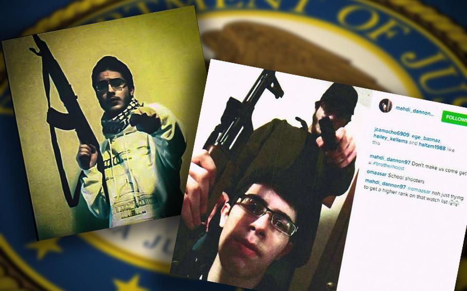 Undated photos from court filings show Moyad Dannon, left, and Mahde Dannon posing with firearms on social media, prior to their arrest for attempting to sell 'ghost guns' to the Islamic State. Moyad recently joined his brother in prison, receiving a 16-year sentence for providing material support to the terrorist organization. 