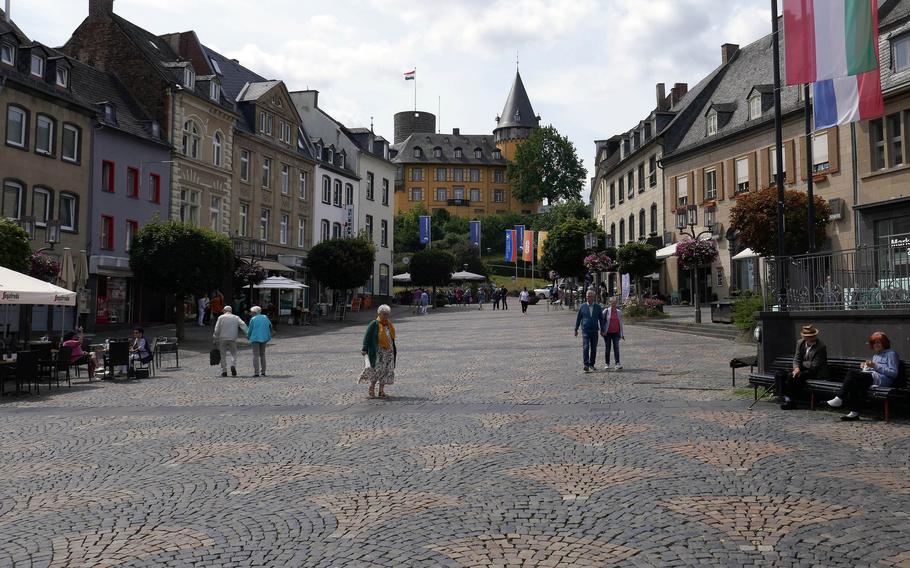 A view of the market square and the Genovevaburg in Mayen, Germany. The town in the Eifel region makes for a pleasant stop on a visit to nearby Buerresheim Castle.