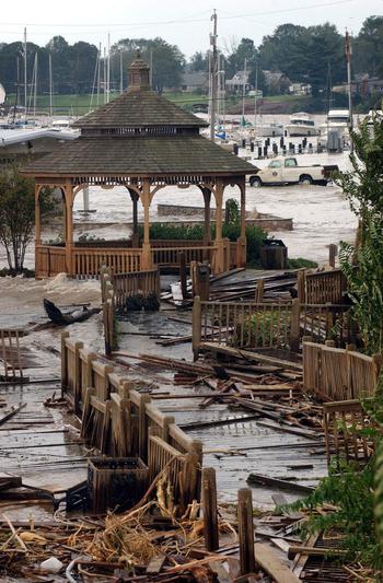 Devastations left behind by Hurricane Isabel in the costal town of Havre de Grace. The waterfront promenade near Tydings Park Marina is completely destroyed by Hurricane Isabel and tidal water flooded the marina's parking lot in over two feet of water.