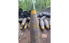 An artillery shell emblazoned with the message "God Bless the USA. Glory to Ukraine!!" The Ukrainian crowdfunding group Sign My Rocket arranged for the inscription at the request of a donor from the United States. 
