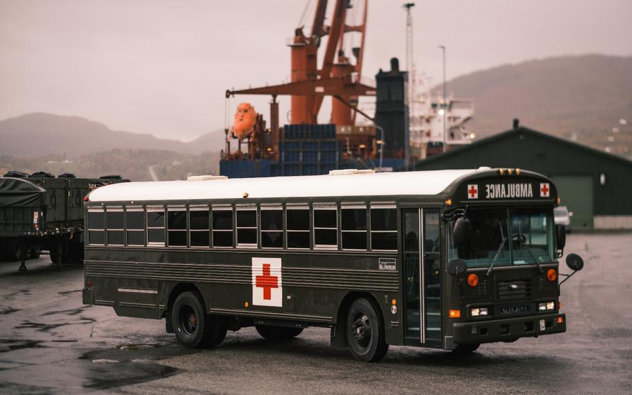 U.S. Navy Expeditionary Medical Support Command and Naval Forces Europe personnel deliver medical vehicles near Bogen Bay, Norway, on Sept. 25, 2021.