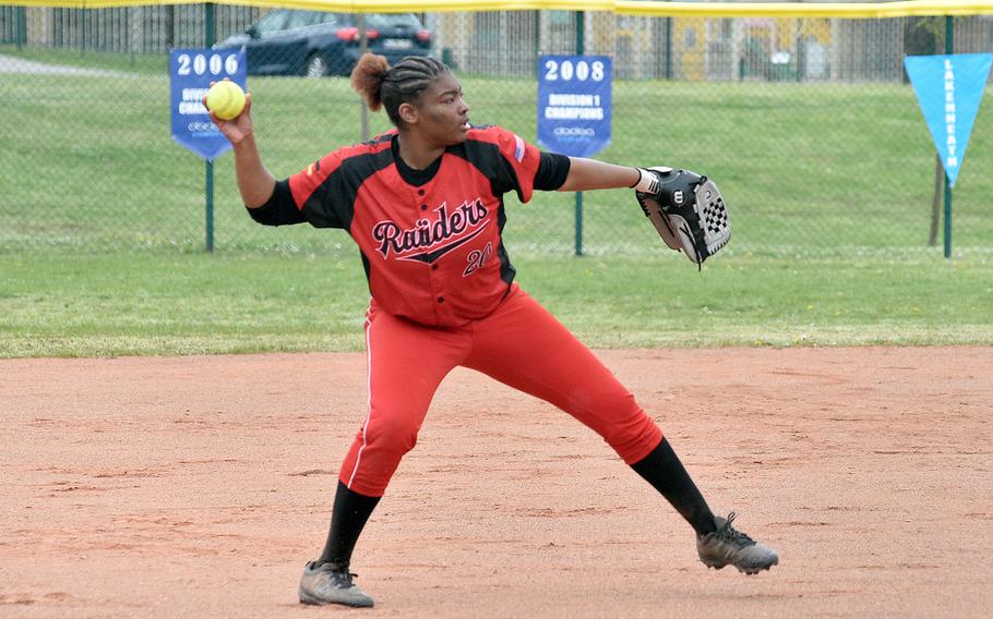 Kaiserslautern third baseman Ariyanna Garrett throws the ball to first base after fielding a grounder during the second game of the Raiders' doubleheader against Ramstein on Ramstein Air Base, Germany. The Raiders swept the Royals by scores 11-5 and 13-11.