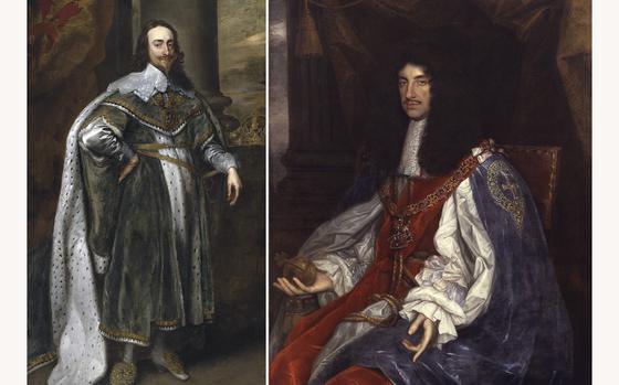 Portraits of Charles I, King of England, King of Scotland, and King of Ireland 1625 – 1649 by Anthony van Dyck, left, and Charles II, King of England 1660 – 1665 by John Michael Wright.