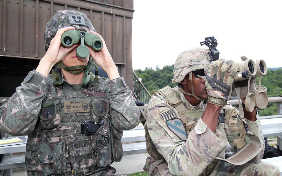 U.S. and South Korean troops attached to the combined 2nd Infantry Division observe training in Pocheon, South Korea, Wednesday, Aug. 31, 2022. 