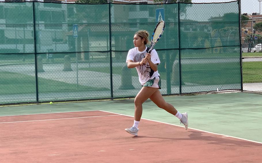 Aleigh Lamis of the Naples Wildcats prepares to hit the ball in the DODEA-Europe South tennis finals at Naval Support Activity Naples' Gricignano di Aversa site on Saturday, Oct. 23 2021. Lamis went on to win both girls singles and doubles titles.