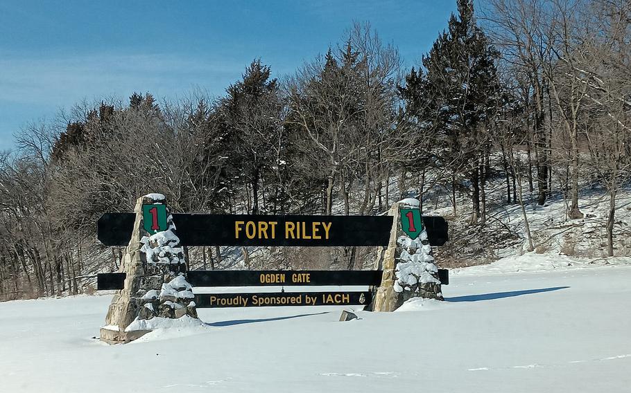 Snow lies about the Ogden Gate at Fort Riley, Kan.