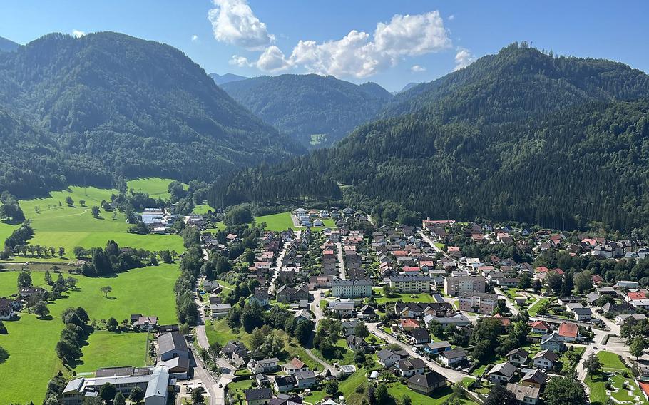 A view of the city of Gaming, Austria, seen from the top of the iron cross trail. 