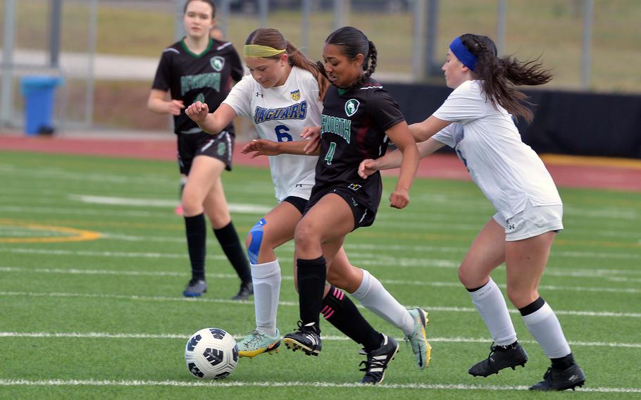 Sigonella’s Katelyn Holman, left, and AFNORTH’s Selah Skariah fight for the ball in the girls Division III title game at the DODEA-Europe soccer championships in Ramstein, Germany, May 22, 2025. AFNORTH outlasted Jaguars 4-2 to take the division crown.