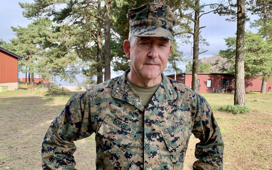 Maj. Gen. Robert Sofge, commander of U.S. Marine Corps Forces Europe and Africa, speaks to reporters near Berga, Sweden, on Sept. 13, 2023. Sofge said Russia's unprovoked attack on Ukraine had changed minds and helped strengthen NATO.