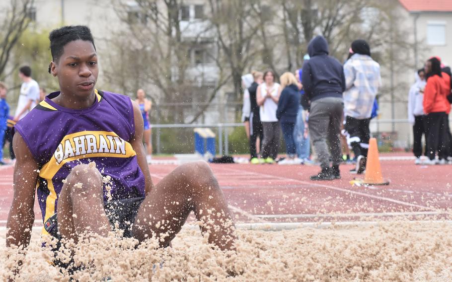 Bahrain’s Grayson Owens competes in the long jump at Wiesbaden High School, Germany, on Saturday. Owens finished eighth in the event and was fourth in the 200-meter dash, scoring points in both events to help Bahrain to a sixth-place team finish among 13 teams in the boys’ division from across DODEA-Europe.