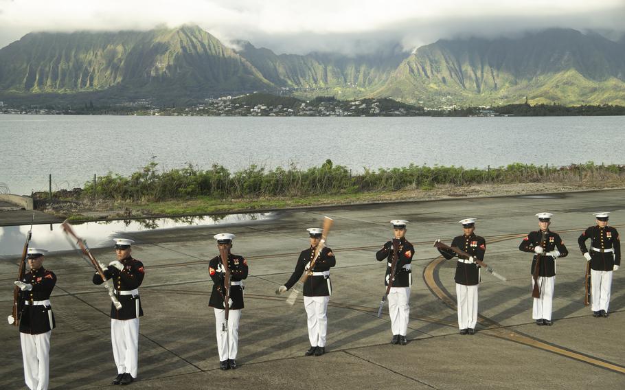 U.S. Marines assigned to the U.S. Marine Corps Silent Drill Platoon rehearse aboard Marine Corps Base Hawaii, Sept. 10, 2021. 