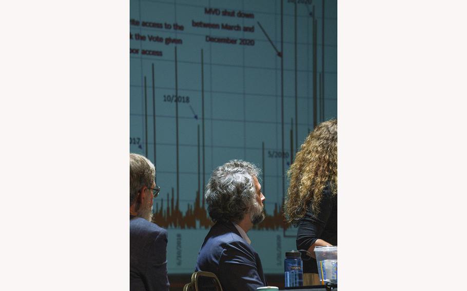 David Clements listens to his wife Erin Clements make a presentation of election vulnerabilities in Alamogordo, N.M.