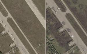 Two aerial photos of an air base side by side, with several planes visible on the left image and missing on the right.