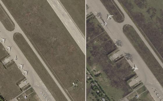 Two aerial photos of an air base side by side, with several planes visible on the left image and missing on the right.