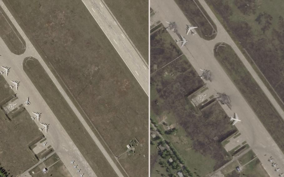 Two aerial photos of an air base side by side, with several planes visible on the left image and missing on the right.