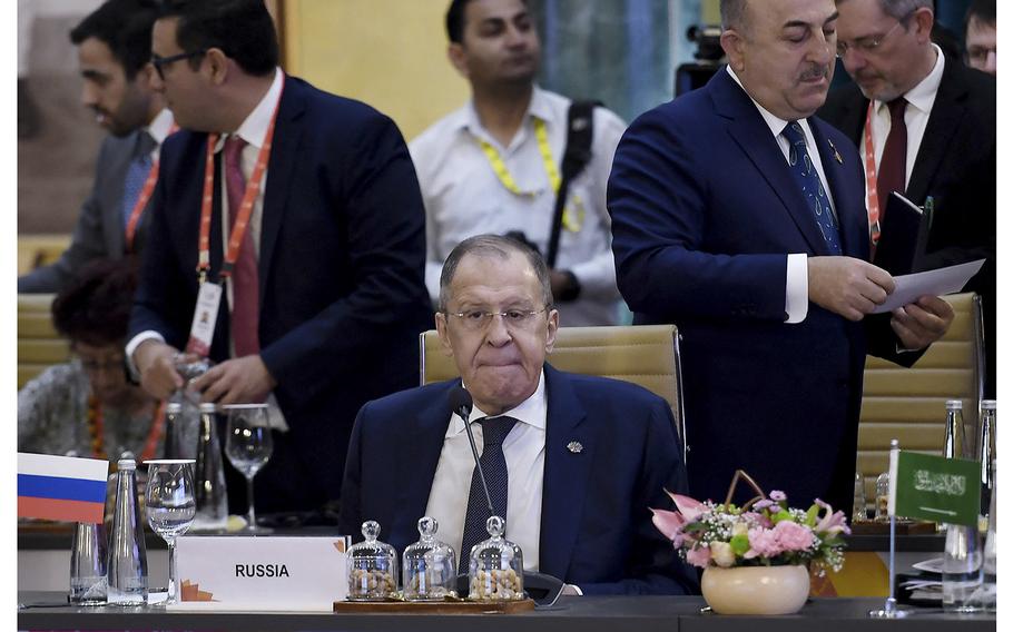 Russian Foreign Minister Sergei Lavrov listens during the G20 foreign ministers’ meeting in New Delhi on March 2, 2023.