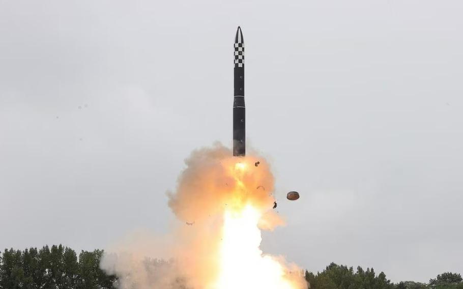 North Korea launches a Hwasong-18 intercontinental ballistic missile in this image released by the state-run Korean Central News Agency, Thursday, July 13, 2023.