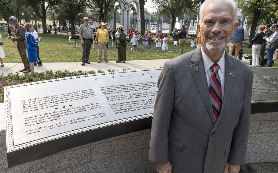 Rep. Bill Johnson, R-Ohio, House sponsor of the bill that led to the addition of the FDR D-Day prayer plaque to the National World War II Memorial, stands in front of the finished product before a ceremony on Tuesday, June 6, 2023.