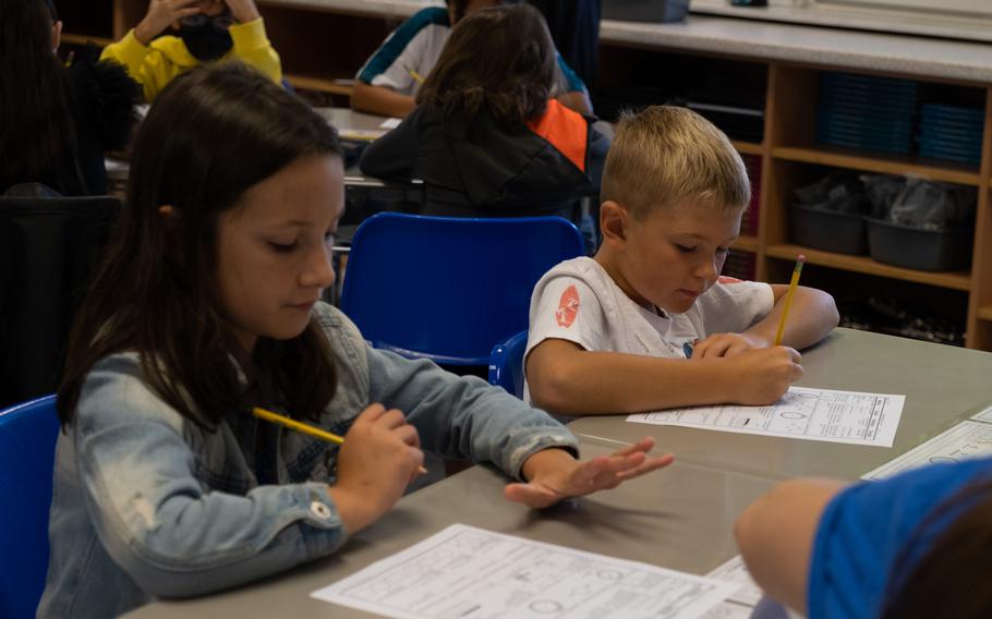 Children from Grafenwoehr Elementary School start their schoolwork Aug. 22, 2022, in Grafenwoehr, Germany.