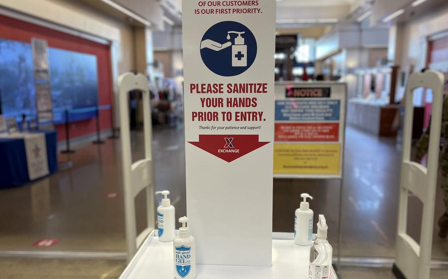 Hand sanitizer greets shoppers at an exchange store on Camp Humphreys, South Korea, Jan. 26, 2022. 