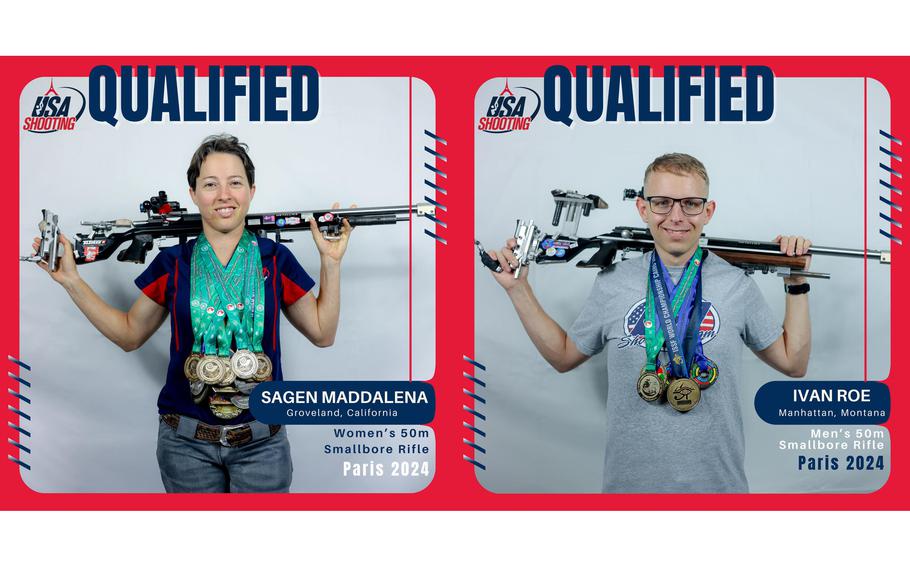 Army Sgts. Sagen Maddalena and Ivan Roe of the U.S. Army Marksmanship Unit qualified Tuesday, March 19, 2024, in women’s and men’s 50m smallbore at USA Shooting’s pistol and rifle Olympic trials at Fort Moore, Ga.
