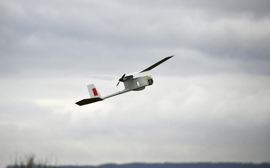 An RQ-11 Raven flies over Grafenwoehr Training Area in Germany on Jan. 10, 2023. Raven and Shadow unmanned aircraft systems will be phased out, the Army said Feb. 8, 2024.