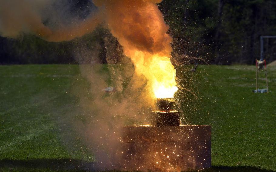 A container of Thermite burns during Joint FBI and Westover Post Blast Investigation Training held at Westover Air Reserve Base in Chicopee, Mass.