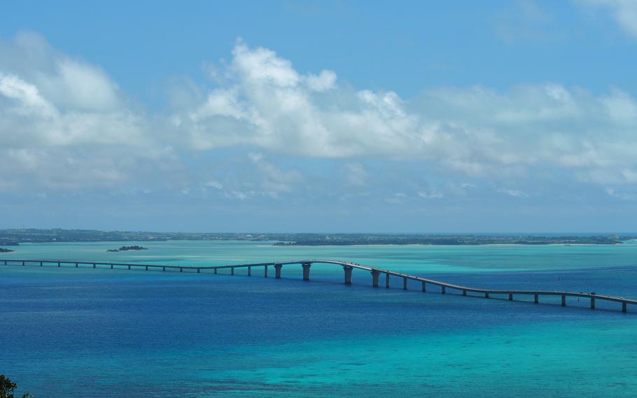 Irabu Island and the Irabu Bridge, as seen from the Makiyama Observatory Deck on Okinawa, Japan.