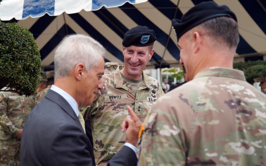 U.S. Ambassador to Japan Rahm Emanuel chats with Maj. Gen. Joel "JB" Vowell, outgoing commander of U.S. Army Japan, and Gen. Charles Flynn, commander of U.S. Army Pacific, ahead of a change-of-command ceremony at Camp Zama, Tuesday, June 20, 2023. 