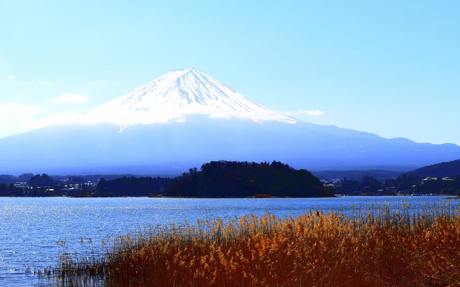 A snow-capped view of Mount Fuji from the banks of Lake Kawaguchiko in Yamanshi prefecture, Japan.