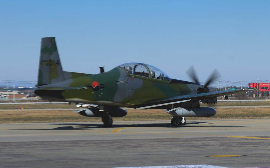 A South Korean KA-1 aircraft, like this one photographed in December 2015 at Osan Air Base, South Korea, crashed on take-off while preparing to intercept North Korean drones near Seoul, South Korea, on Dec. 26, 2022.