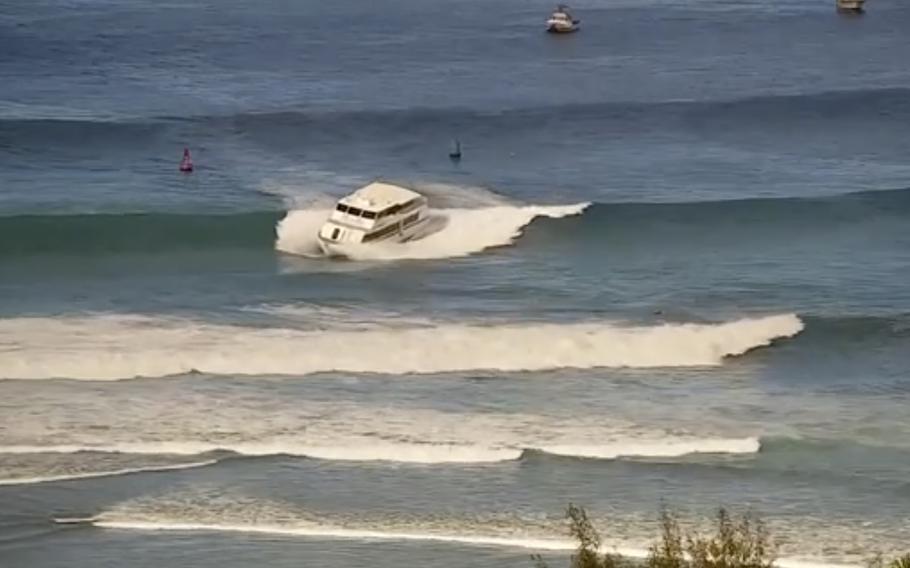 A boat running aground.