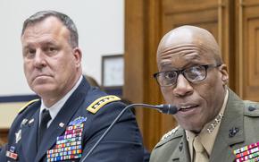 Gen. Michael Kurilla, commander USCENTCOM, left, and Gen. Michael Langley, commander USAFRICOM, testify on Tuesday, June 10, 2025, in Washington during a House Armed Services Committee hearing on U.S. military posture and national security challenges in the greater Middle East and Africa. (Eric Kayne/Stars and Stripes)