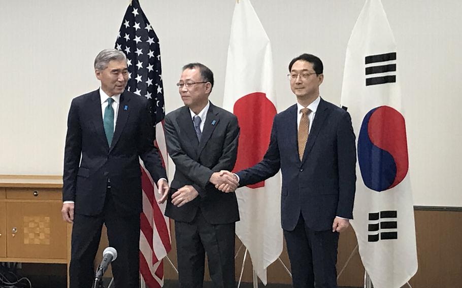 Sung Kim, left, the U.S. special representative for North Korea policy; Funakoshi Takehiro, center, director general of Japan's Asian and Oceanian Affairs Bureau at the Foreign Ministry; and Kim Gunn, South Korea's special representative for Korean Peninsula peace and security affairs, pose at Prince Hotel Karuizawa West in Nagano, Japan, Thursday, July 20, 2023. 
