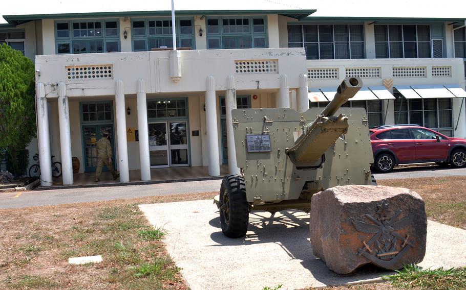 Larrakeyah Defence Precinct in Darwin, Australia, displays old military equipment, including guns used to defend Darwin from Japanese air raids in World War II.