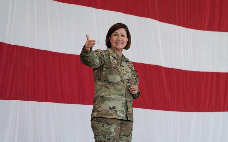 Chief Master Sgt. of the Air Force JoAnne Bass speaks to airmen at Aviano Air Base, Italy, on Sept. 7, 2023. Bass co-authored a letter to airmen Monday announcing a redesign of enlisted education in the service.