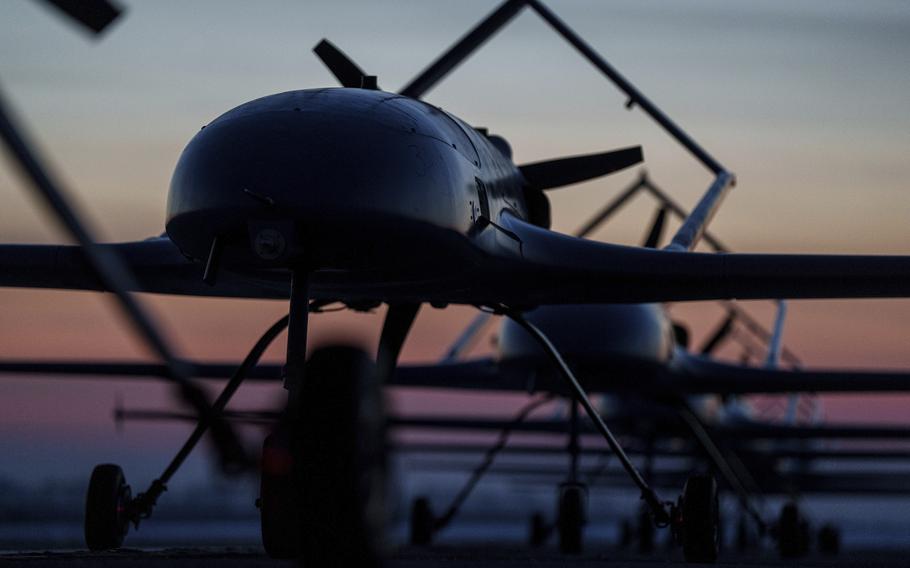 Ukrainian drones are lined up before takeoff.