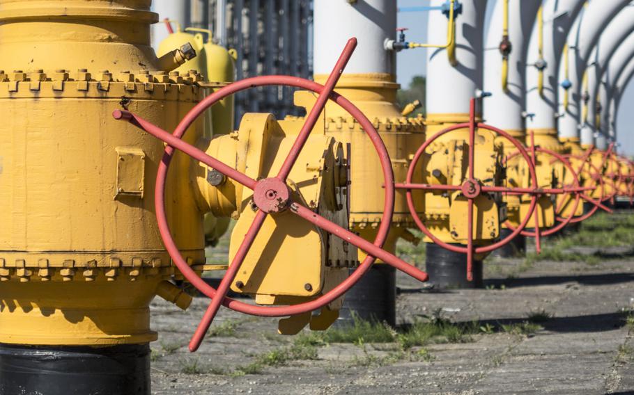 Valve wheels sit on pipework at the Bilche-Volytsko-Uherske underground gas storage site in Lviv, Ukraine. 