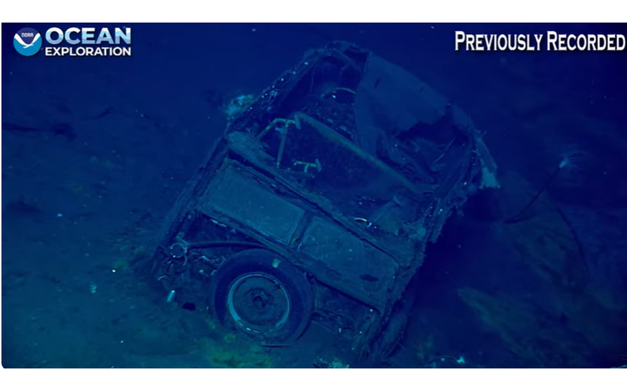 A grainy look at the car found in the sunken WWII ship.