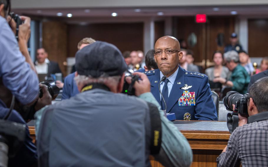Gen. Charles Q. Brown, Jr., takes a seat at the witness table at the start of a Senate hearing on July 11, 2023, on Capitol Hill in Washington, D.C., where his nomination to be the next chairman of the Joint Chiefs of Staff was considered. Brown stated in a message distributed Friday, Sept. 8, that foreign companies doing business with the Chinese government are “targeting and recruiting U.S. and NATO-trained military talent across specialties and career fields.”