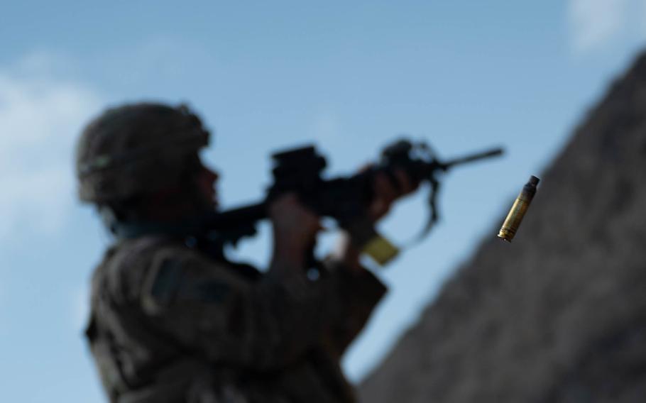 A soldier assigned to Task Force Iron Gray, Combined Joint Task Force  Horn of Africa, completes infantry range training exercises in East Africa, Nov. 17, 2021. 