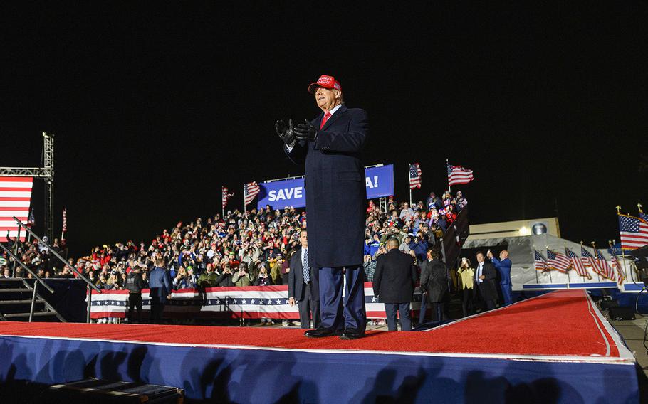 Former President Donald Trump arrives at a campaign event at Sioux Gateway Airport on Nov. 3, 2022, in Sioux City, Iowa. Trump held the rally to support for Iowa GOP candidates ahead of the state’s midterm election on Nov. 8. 