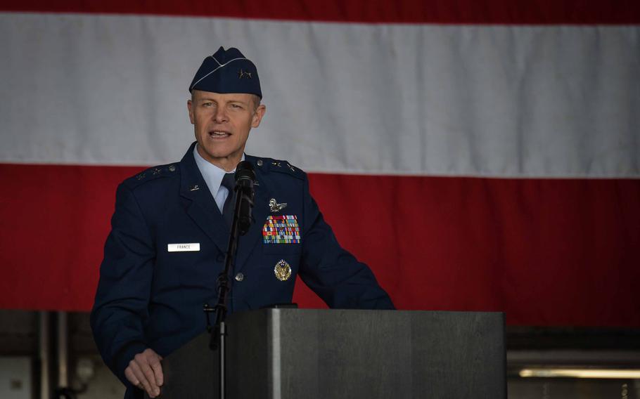 Maj. Gen. Derek France, the Third Air Force commander, addresses the audience at a change of command ceremony June 2, 2023, at Spangdahlem Air Base, Germany. As the commander of Third Air Force, France is responsible for ensuring the readiness and operational capabilities of U.S. Air Forces in Europe and Africa.
