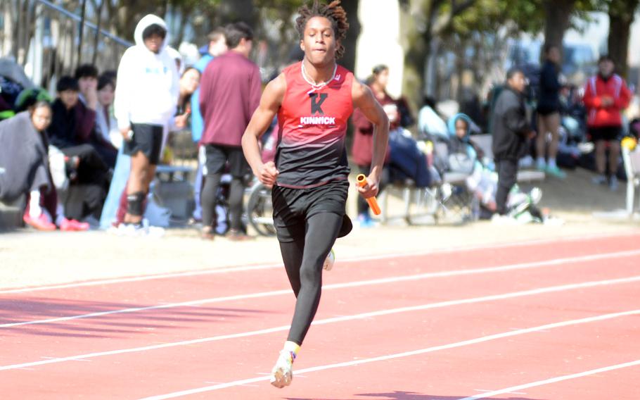 Nile C. Kinnick's Jaelin White ran the anchor leg for victory in the 400 relay during Saturday's DODEA-Japan track and field meet at Yokota.