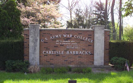 The main entrance sign to Carlisle Barracks and the U.S. Army War College. Photo by Scott Finger.