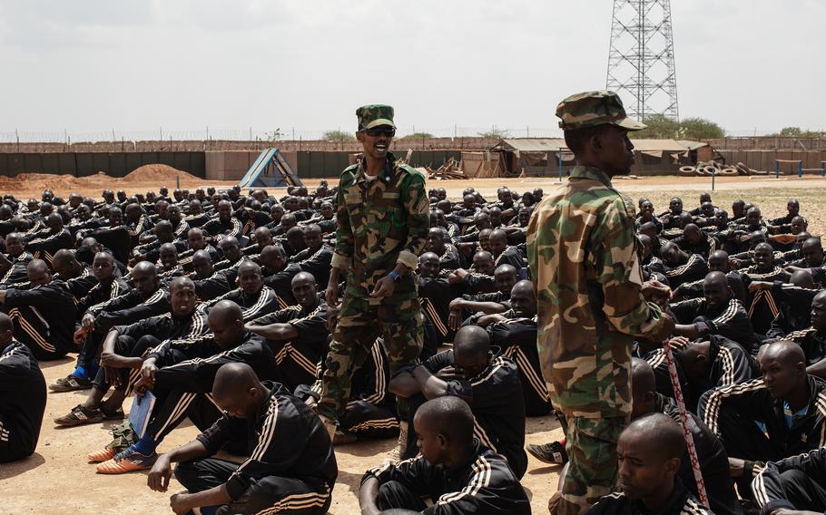 Recruits for Somalia’s Danab, or Lightning, brigade listen to trainers at Baledogle Military Air Base. 