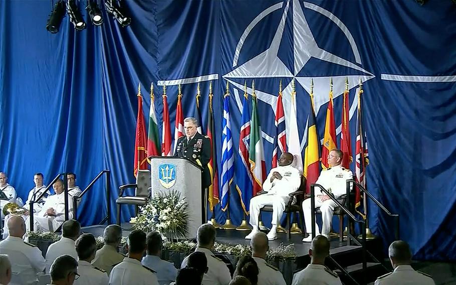 In a screenshot from a Defense Department live feed, Army Gen. Mark A. Milley, chairman of the Joint Chiefs of Staff, speaks aboard the USS Kearsarge during a ceremony marking NATO’s Joint Force Command Norfolk fully operational, July 15, 2021.