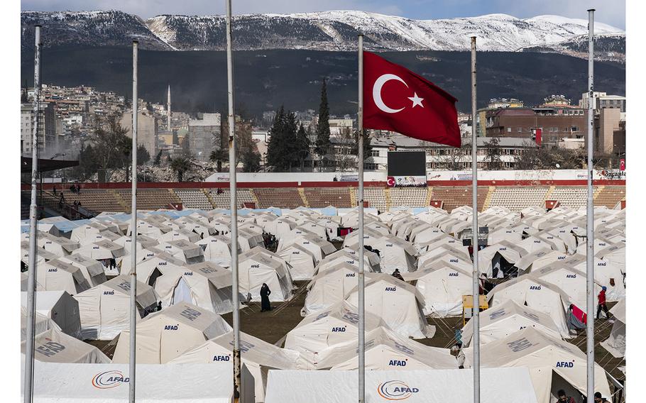 Rows of tents are seen at the camp in Kahramanmaras, Turkey.